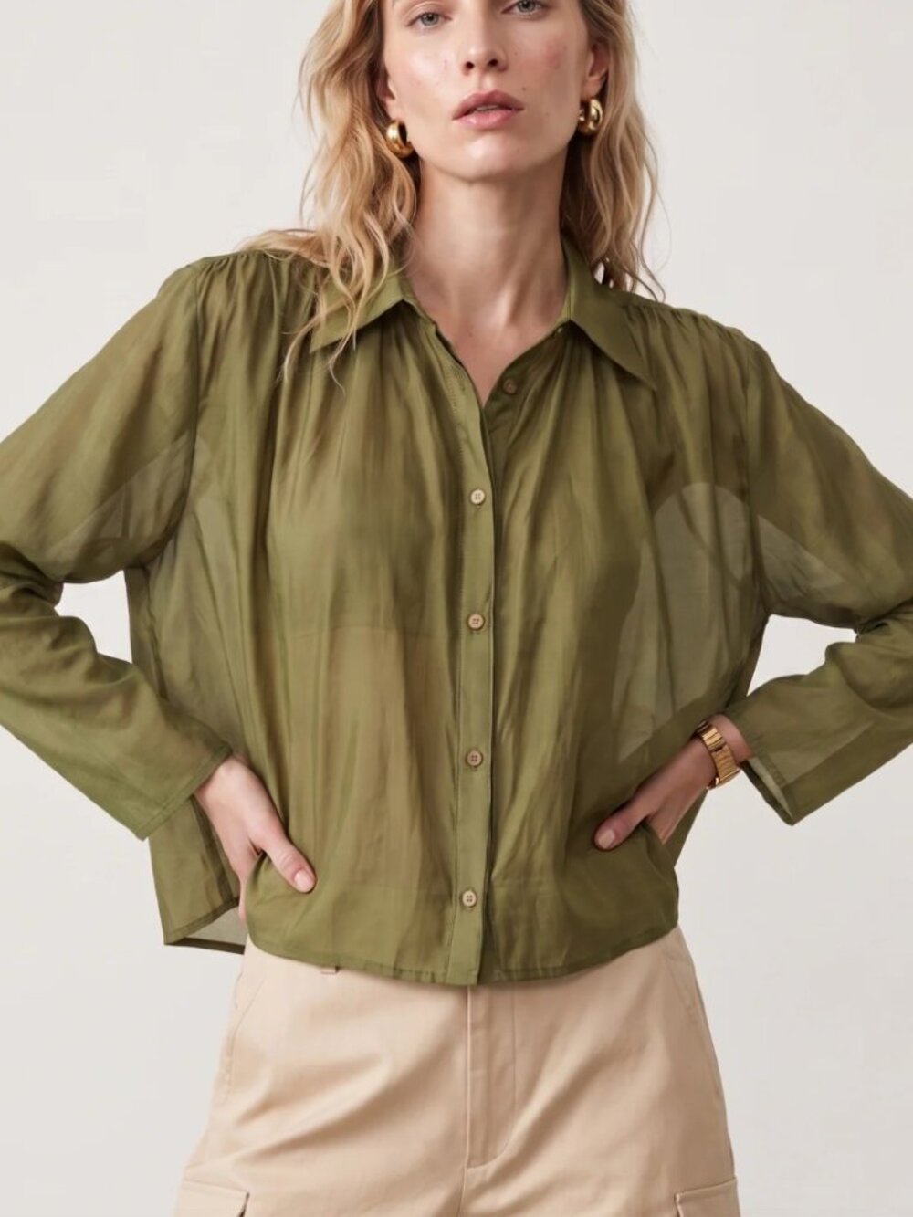 The Shirt Rochelle Behrens The Long Sleeve Hayden Shirt Olive Cropped Button Up